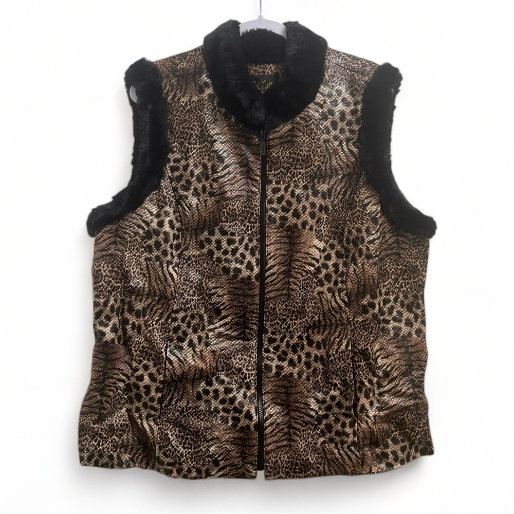 Bob Mackie Wearable Art Animal Print & Faux Fur Zip Up Vest Women's Size XLarge